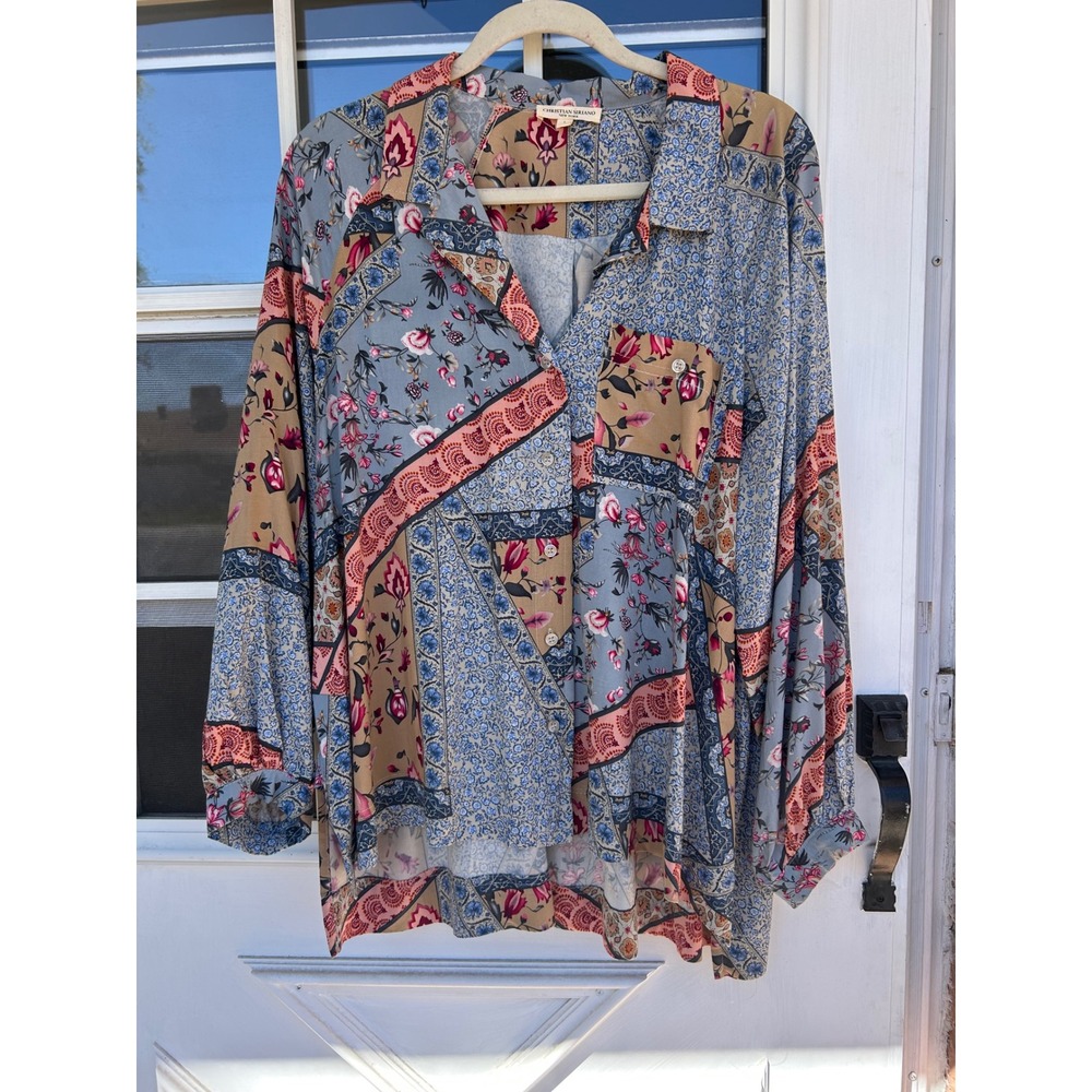 Christian Siriano New York Womens Large Floral Patchwork Button Down Blouse Blue
